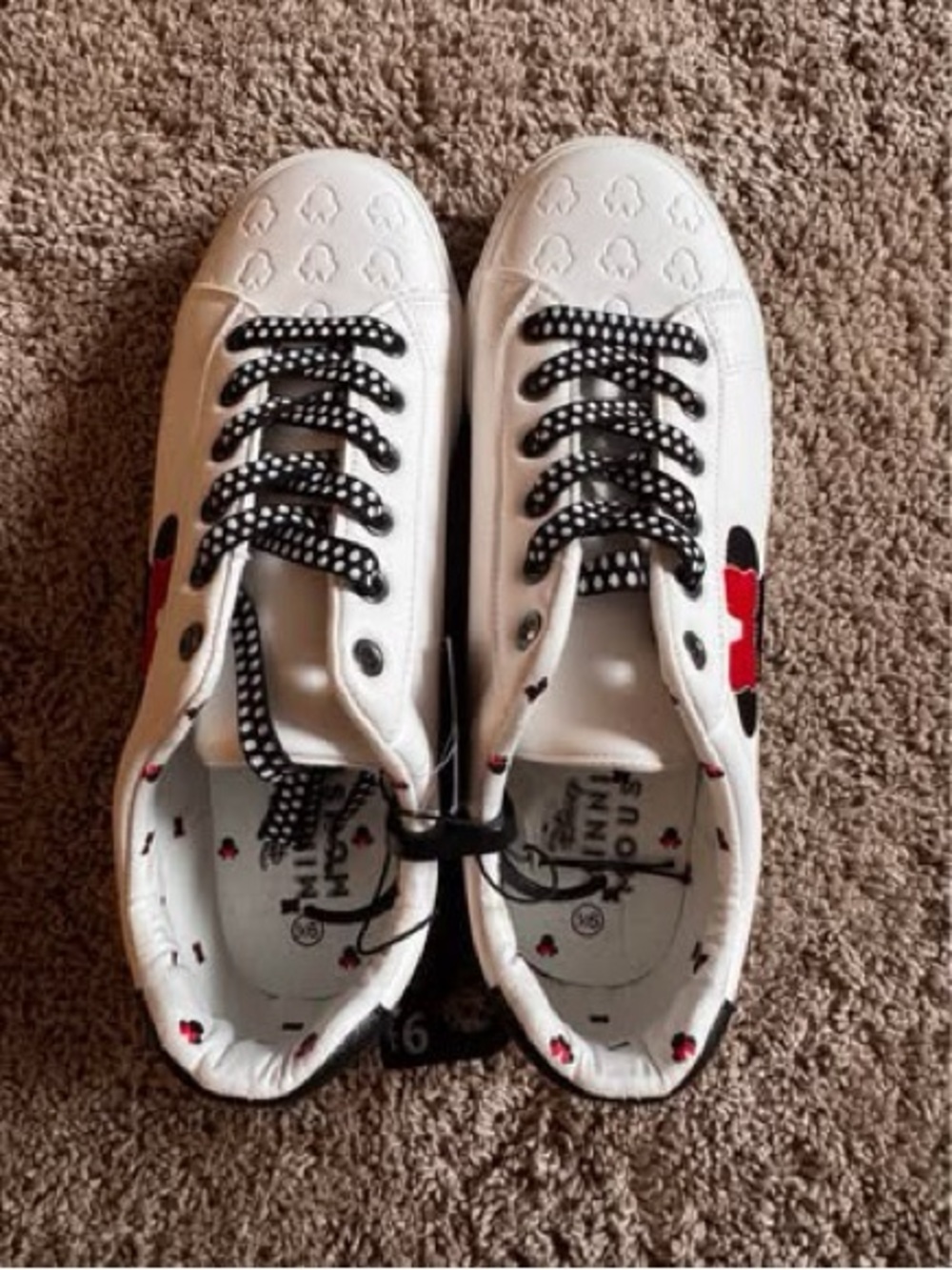 Disney White Sneakers with Black Polka-Dot Laces and Red Bow Accent